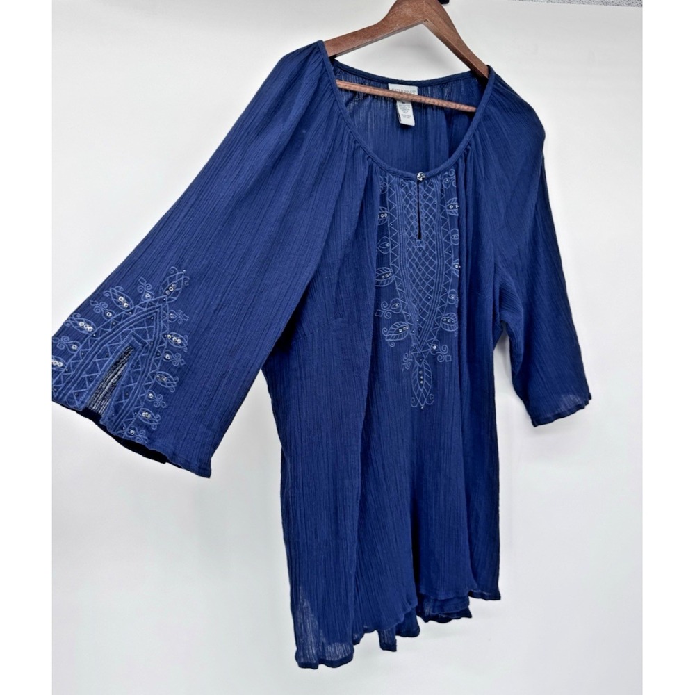 Catherines 2X Crinkle Gauzy Embroidered beaded blue cottage 100% cotton 3/4th